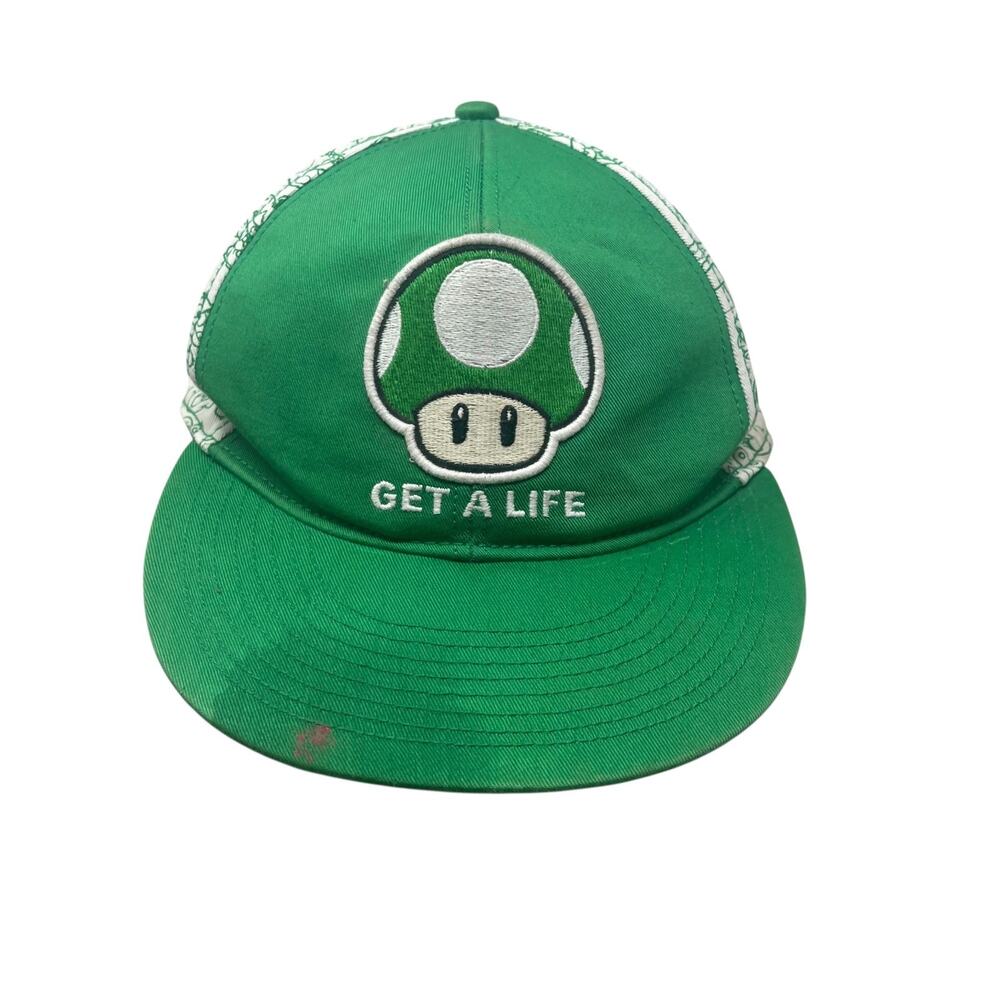 Nintendo Get A Life Green Trucker Hat Mens L 1-Up Mushroom Snapback